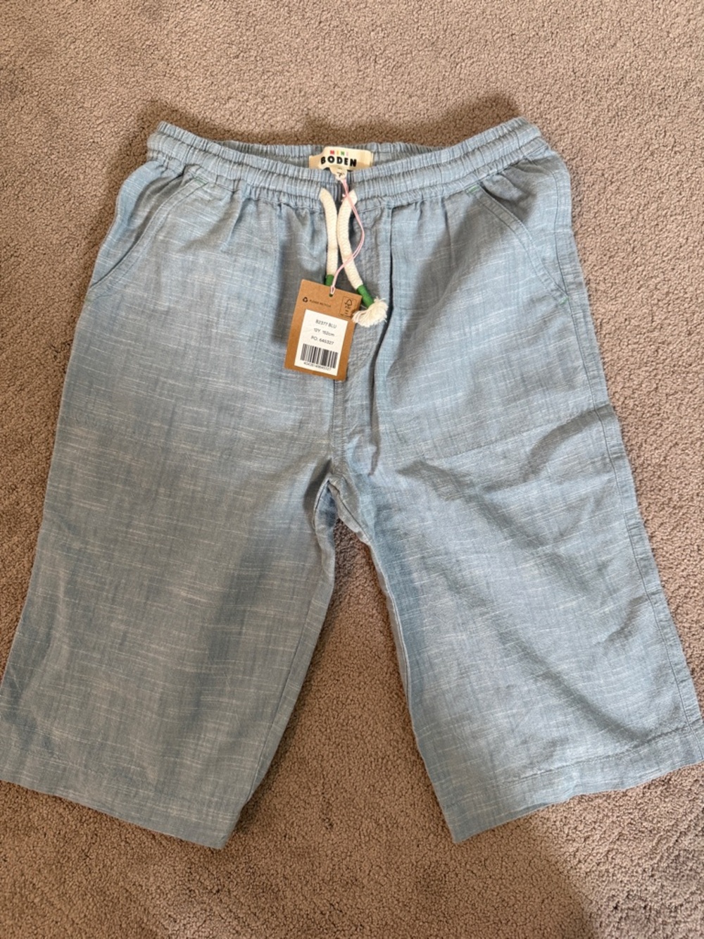 Mini Boden pale blue drawstring linen blend shorts